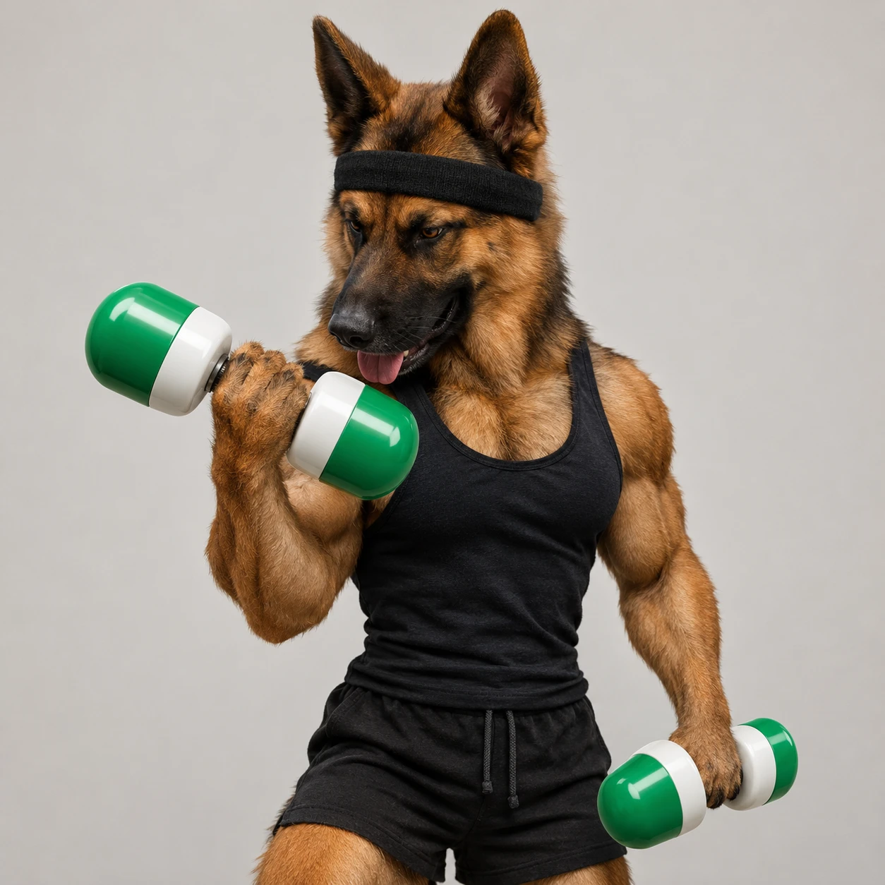 Pump Shepherd β a buff German Shepherd in a headband lifting green dumbbells